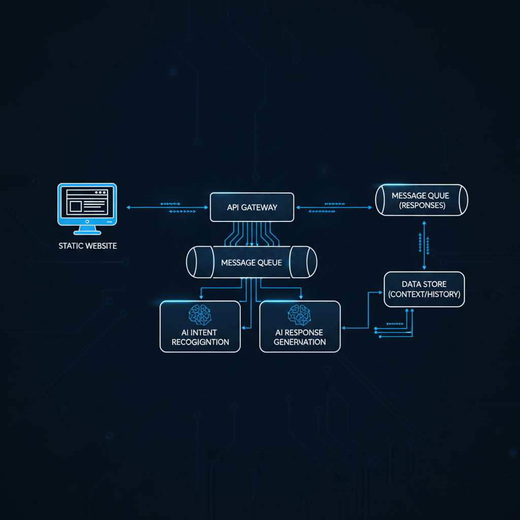 Technical architecture diagram showing a static website connected to an AI processing pipeline